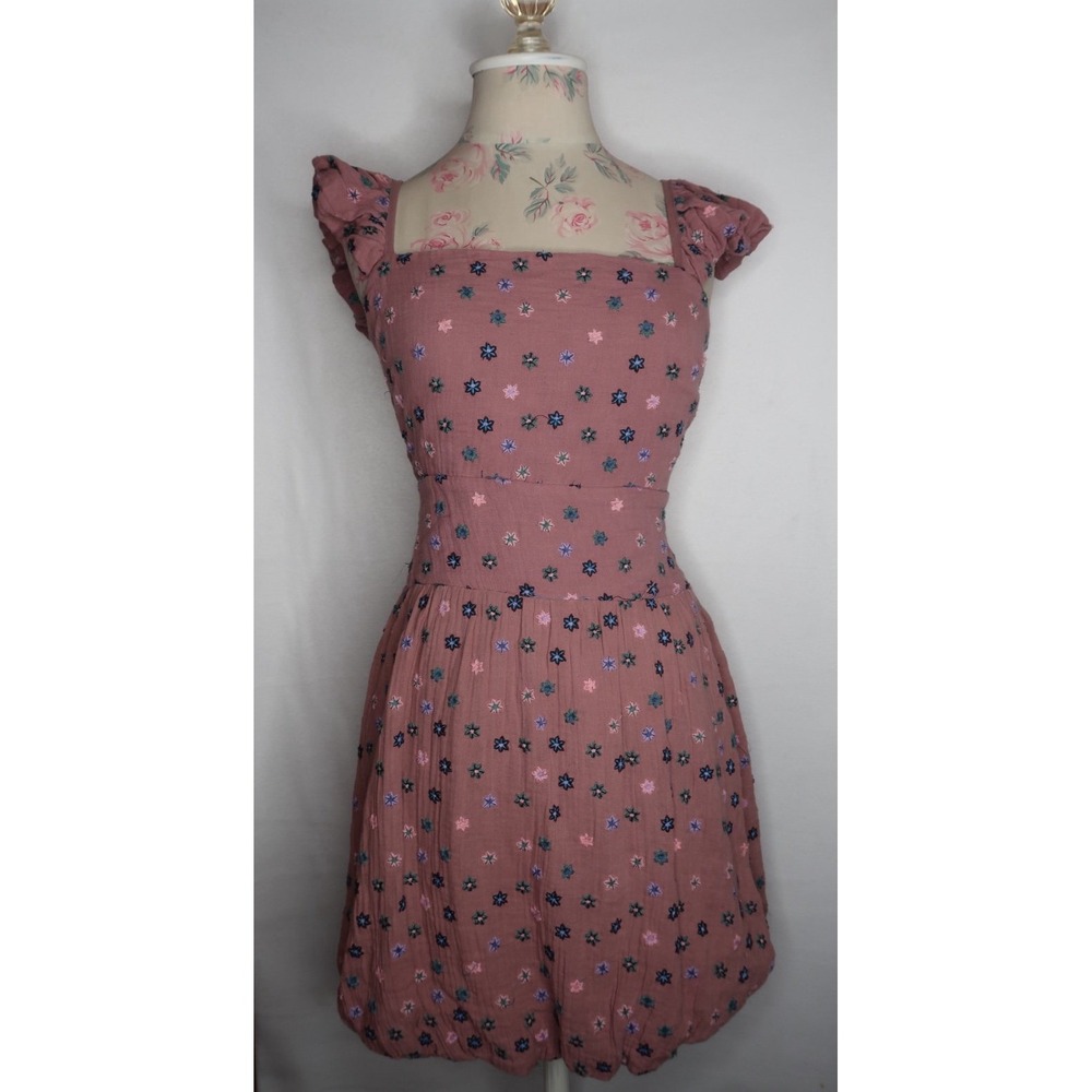 Free People Dizzy Ditsy Mini Dress Summer Sparrow Embroidered Womens Small EUC